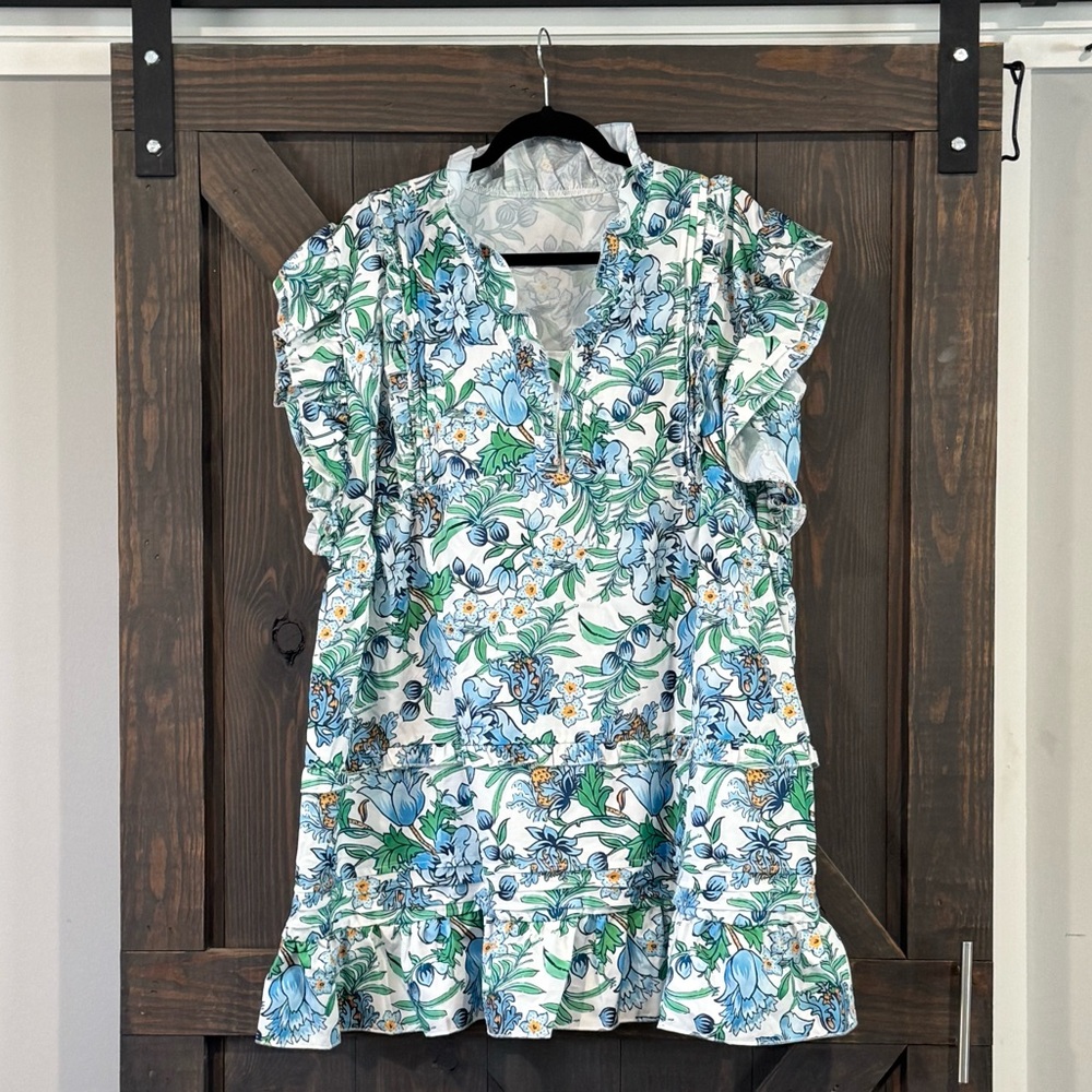 Floral Blue & White Print Ruffle Sleeve V-Neck Tiered Mini‎ Dress Size 2XL